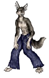  2002 aliasing amaroq_(artist) anarchy_symbol anthro black_nose blue_bottomwear blue_clothing blue_pants bottomwear brown_body brown_fur canid canine clothed clothing cuff_(restraint) digital_drawing_(artwork) digital_media_(artwork) digitigrade ear_piercing ear_ring full-length_portrait fur grey_eyes handcuffs hindpaw humanoid_hands hunched_over jewelry male mammal metal_cuffs navel nipples pants paws pendant piercing portrait restraints ring_piercing shaded simple_background snout soft_shading solo standing tail topless white_background 