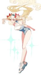  arms_behind_back bare_arms bare_legs bare_shoulders black_tiara blonde_hair blue_bow blue_footwear blue_one-piece_swimsuit bow closed_mouth colored_eyelashes ereshkigal_(fate) fate/grand_order fate_(series) female frilled_one-piece_swimsuit frills full_body hair_between_eyes hairbow hand_on_own_arm highres leaning_forward light_blush light_smile long_hair looking_at_viewer o-ring o-ring_swimsuit one-piece_swimsuit parted_bangs red_bow red_eyes sandals simple_background skull_ornament solo space_ereshkigal_(fate) space_ereshkigal_(first_ascension)_(fate) sparkle standing sunanogimo swimsuit tiara two-tone_one-piece_swimsuit two_side_up white_background white_one-piece_swimsuit 