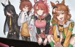  4girls absurdres agnes_tachyon_(umamusume) ahoge animal_ears breasts brown_hair cowboy_shot crop_top dantsu_flame_(umamusume) hair_between_eyes hair_ornament headband highres horse_girl jam_(umamusume) jungle_pocket_(umamusume) lab_coat looking_at_viewer manhattan_cafe_(umamusume) medium_breasts medium_hair multiple_girls pantyhose songdu tongue tongue_out twitter_username umamusume umamusume:_beginning_of_a_new_era uniform white_background yellow_eyes 