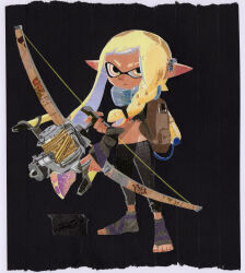  :| agent_3_(splatoon_3) black_background black_pants blonde_hair border bow_(weapon) braided_sidelock closed_mouth crop_top female foot_wraps full_body groin highres holding holding_bow_(weapon) holding_weapon jakkarian long_hair looking_at_viewer making-of_available masking_tape_(medium) pants pointy_ears solo splatoon_(series) standing stomach three_quarter_view toeless_footwear tri-stringer_(splatoon) two-handed unconventional_media uneven_eyes weapon white_border wind 