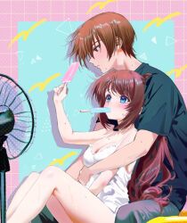  1boy a-chan_(little_busters!) alternate_costume alternate_hairstyle bare_arms black_shirt blue_background blue_eyes blush border breasts brown_eyes brown_hair camisole casual cleavage closed_mouth commentary couple drop_shadow electric_fan feet_out_of_frame female fingernails floating_hair food food_in_mouth from_side hair_between_eyes hand_up holding holding_food holding_popsicle hot hug hug_from_behind knees_up large_breasts leaning_forward little_busters! long_hair looking_up miiizuno_lbs natsume_kyousuke pink_border ponytail popsicle popsicle_in_mouth profile round_eyewear shirt short_hair short_sleeves sidelocks simple_background sitting spaghetti_strap straight sweat very_long_hair white_camisole wind 