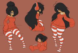  ather-os black_hair bottom_heavy female headphones hi_res long_hair maya_schoppenboer ongezellig solo stockings striped_legwear wide_hips 