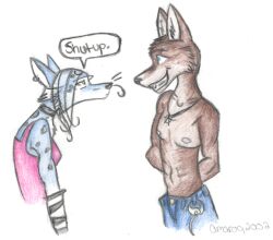  2002 amaroq_(artist) anarchy_symbol anthro arm_warmers armwear black_nose blue_body blue_bottomwear blue_clothing blue_eyes blue_fur blue_jeans blue_pants bottomwear breasts brown_body brown_fur canid canine choker clothed clothing colored_pencil_(artwork) denim denim_bottomwear denim_clothing dialogue duo ear_piercing ear_ring english_text eye_contact female fur grin hair handwritten_text jeans jewelry looking_at_another male mammal necklace nipples pants pecs pendant piercing pink_clothing pink_shirt pink_tank_top pink_topwear ring_piercing shirt simple_background smile smiling_at_another snout speech_bubble standing tank_top text topless topwear traditional_media_(artwork) whiskers white_background white_inner_ear 