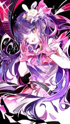  ;d absurdres blush cocoballking female gloves hair_ornament heart heart_hands highres hoshino_ai_(oshi_no_ko) long_hair looking_at_viewer one_eye_closed open_mouth oshi_no_ko pink_gloves purple_eyes purple_hair rabbit_hair_ornament smile solo very_long_hair 