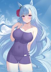  absurdres animal_ears blue_hair blue_one-piece_swimsuit blue_sky breasts commission day highres horse_ears horse_girl horse_tail kurumi_lm large_breasts long_hair looking_at_viewer mejiro_ardan_(umamusume) ocean one-piece_swimsuit outdoors partially_submerged pixiv_commission purple_eyes school_swimsuit sky solo standing swimsuit tail tracen_swimsuit umamusume 