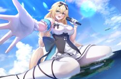  absurdres ahoge aircraft azur_lane black_choker black_ribbon blonde_hair blue_sky breasts choker cloud commission dirigible female giant giantess gloves green_eyes hair_ribbon highres holding holding_microphone large_breasts le_temeraire_(azur_lane) le_temeraire_(muse)_(azur_lane) long_hair looking_at_viewer microphone numaguro_(tomokun0808) official_alternate_costume open_mouth outdoors pantyhose ribbon sitting skeb_commission sky smile solo wariza white_gloves white_pantyhose 