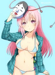  bikini bikini_under_clothes blue_background blue_bikini blue_shirt blush breasts bright_pupils cleavage closed_mouth collarbone collared_shirt expressionless female groin hata_no_kokoro highres kyanta5354 long_hair long_sleeves looking_at_viewer mask mask_on_head medium_breasts micro_bikini navel open_clothes open_shirt pink_eyes pink_hair red_ribbon ribbon shirt simple_background solo swimsuit tassel touhou unbuttoned unbuttoned_shirt very_long_hair white_pupils 