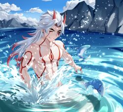  1boy anjingxiang arataki_itto bulge fish genshin_impact grey_hair horns long_hair male_focus male_swimwear multicolored_hair nipples one_eye_closed red_eyes red_hair red_horns smile solo teeth topless_male water white_hair white_male_swimwear 