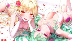  2girls blonde_hair blunt_bangs blush bow bra breasts choker closed_mouth elbow_gloves flower garter_straps gloves green_hair hair_flower hair_ornament hands_on_own_cheeks hands_on_own_face head_rest highres jakusha_shiro kogara_toto lace lace_choker large_breasts long_hair looking_at_viewer lying medium_breasts mole mole_on_breast multiple_girls navel on_stomach open_mouth panties pink_flower pink_rose purple_eyes purple_flower purple_rose red_eyes red_flower red_rose rose smile swimsuit thighhighs underwear very_long_hair vspo! wedding white_bow white_bra white_choker white_gloves white_panties white_thighhighs yakumo_beni 