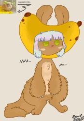  4_fingers absurd_res banana bananachi blessed_narehate blush brown_body brown_fur clothing colored costume digital_drawing_(artwork) digital_media_(artwork) english_text female fingers food fruit fur hair hat hat_only headgear headgear_only headwear headwear_only hi_res made_in_abyss mostly_nude nanachi narehate photo plant shaded simple_background sosu-the-blue-wolf tail text white_body white_fur white_hair yellow_eyes 