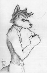  2002 anthro arctus_(artist) bottomwear canid canine cigarette cigarette_in_mouth clothed clothing eyebrows eyewear fur glasses graphite_(artwork) greyscale hair half-length_portrait holding_lighter holding_object jewelry lighter lighting_cigarette looking_at_viewer male mammal monochrome necklace object_in_mouth pants pencil_(artwork) pince-nez portrait side_view signature simple_background smoke smoking smoking_cigarette snout solo tail topless traditional_media_(artwork) wearing_glasses white_background 