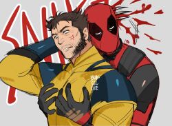  2boys annoyed arm_out_of_frame arm_up artist_name beard_stubble black_gloves blood blood_on_weapon blood_splatter brown_hair buksillee claws closed_eyes collared_shirt commentary deadpool deadpool_&amp;_wolverine deadpool_(series) english_commentary english_text facial_hair gloves grimace hands_up hug hug_from_behind injury leaning_on_person looking_up male_focus marvel mask multiple_boys mutton_chops pectoral_grab pectorals profile shirt simple_background small_pupils stab stubble superhero_costume upper_body weapon white_background white_eyes wolverine_(x-men) x-men 