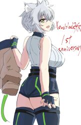  absurdres animal_ears anniversary black_shorts black_thighhighs breasts cat_ears commentary_request cowboy_shot ereka female grey_hair highres holding holding_jacket holding_unworn_clothes jacket large_breasts looking_at_viewer looking_back mio_(xenoblade) open_mouth shirt short_hair short_shorts shorts sideways_mouth simple_background sleeveless sleeveless_shirt smile solo thighhighs unworn_jacket white_background xenoblade_chronicles_(series) xenoblade_chronicles_3 yellow_eyes 