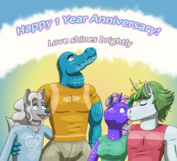  2024 4_fingers absurd_res alligatorid anniversary anthro arthropod artist_logo azrael_(tertia) azurlligator bangs blue_claws blue_clothing blue_eyes blue_shirt blue_topwear blush bottomwear breasts brown_bottomwear brown_clothing brown_shorts bulging_neck canid canine canis celebration changeling chest_gem chest_tuft claws closed_eyes closed_smile clothed clothed_anthro clothed_female clothed_male clothing colored crocodilian digital_drawing_(artwork) digital_media_(artwork) english_text equid equine eyebrows facial_scar fangs female finger_claws fingers friendship_is_magic fur gem glowing_text green_clothing green_eyebrows green_inner_ear green_shirt green_t-shirt green_topwear grey_body grey_fur grey_nose grey_tail group hair hand_on_side happy hasbro heart_clothing heart_symbol hi_res horn interspecies kissing kissing_cheek larger_male light lighting logo long_hair long_tail looking_up love male male/female male/male mammal mane membrane_(anatomy) mouth_closed multicolored_body multicolored_hair multicolored_scales muscular muscular_anthro muscular_male my_little_pony mythological_creature mythological_equine mythology nathile_tiduna neck_tuft no_pupils ocelia_(tertia) orange_clothing orange_shirt orange_t-shirt orange_topwear pecs pockets purple_body purple_horn purple_mane purple_skin red_clothing red_shirt red_tank_top red_topwear reptile romantic romantic_couple scales scalie scar scutes shaded shirt shorts simple_background simple_shading size_difference skywater smaller_female smaller_male smile sol_bright standing t-shirt tail tank_top teeth text topwear tuft two_tone_body two_tone_hair two_tone_scales unicorn unicorn_horn wavy_hair webbed_hands white_eyebrows white_hair white_horn wolf yellow_scutes 