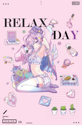  arm_up artist_name blue_hair cactus commentary_request controller cup_ramen english_text female gradient_hair gradient_thighhighs hair_ornament hair_up hairclip jacket multicolored_hair one_eye_closed original pajamas pink_background pink_jacket purple_eyes purple_hair purple_thighhighs rainbow rednian remote_control simple_background slippers solo stomach_tattoo stretching tablet_pc tattoo thighhighs unworn_footwear white_thighhighs 