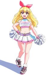  :d absurdres aikatsu! aikatsu!_(series) belt belt_buckle blonde_hair blush bow bow_hairband buckle cheerleader cropped_shirt ereka female foot_up full_body hairband highres holding holding_pom_poms hoshimiya_ichigo long_hair looking_at_viewer midriff miniskirt navel open_mouth pleated_skirt pom_pom_(cheerleading) purple_belt red_bow red_eyes red_hairband shadow shirt shoes sidelocks simple_background skirt sleeveless sleeveless_shirt smile sneakers solo split_mouth standing star-shaped_buckle teeth upper_teeth_only white_background white_footwear white_shirt white_skirt 