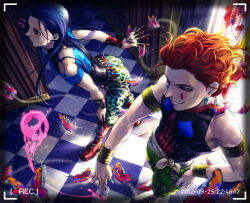  2boys animal_print armband black_bracelet black_eyes black_hair blood blood_on_wall blue_shirt boots bracelet bug butterfly card checkered_floor dynamic_pose full_body green_pants hair_slicked_back hisoka_morow holding holding_card holding_needle hunter_x_hunter illumi_zoldyck jewelry long_hair looking_at_viewer looking_to_the_side magic multiple_boys needle off-shoulder_shirt off_shoulder pants pechiko red_footwear red_hair shirt skull sleeveless sleeveless_shirt viewfinder wavy_hair yellow_armband yellow_wristband 