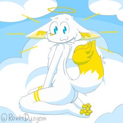  absurd_res angelic anthro ass blue_eyes canid canine cloud fennec_fox floating_wings fox fur halo hi_res kneeling looking_at_viewer male mammal nude on_cloud pawpads paws roxo_(artist) seiza side_view sitting solo tail true_fox white_body white_fur wings yellow_nose yellow_pawpads 