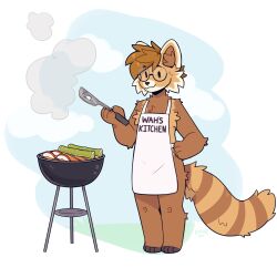  ailurid anthro apple apron apron_only bamboo clothing cooking eyewear fleurfurr food fruit glasses grill grilling hi_res holding_object holding_spatula holding_tool male mammal oscar_imitaru_(some_dumm_wah) plant red_panda solo some_dumm_wah_(character) spatula tools 