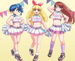  3girls :d absurdres aikatsu! aikatsu!_(series) belt belt_buckle blonde_hair blue_eyes blue_hair blush bow bow_hairband breasts brown_hair buckle cheerleader closed_mouth cropped_shirt dark_blue_hair ereka foot_up full_body gradient_background hairband highres holding holding_pom_poms hoshimiya_ichigo kiriya_aoi leg_up lone_nape_hair long_hair looking_at_viewer medium_breasts medium_hair midriff miniskirt multiple_girls navel open_mouth pleated_skirt pom_pom_(cheerleading) purple_belt purple_eyes red_bow red_eyes red_hairband shibuki_ran shirt shoes side_ponytail sidelocks skirt sleeveless sleeveless_shirt smile sneakers split_mouth standing star-shaped_buckle teeth upper_teeth_only very_long_hair white_footwear white_shirt white_skirt yellow_background 