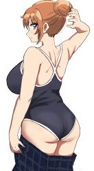  absurdres arm_up ass black_one-piece_swimsuit blush closed_mouth competition_swimsuit ereka female from_behind grey_eyes hair_bun highres konoe_kanata looking_at_viewer looking_back love_live! love_live!_nijigasaki_high_school_idol_club one-piece_swimsuit short_hair sidelocks simple_background single_hair_bun solo swimsuit undone_skirt white_background 