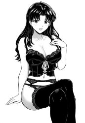  artist_request bare_shoulders black_bra black_panties blush bra breasts cleavage female garter_belt greyscale highres huge_breasts katsuragi_misato lace lace-trimmed_bra lace-trimmed_legwear lace_trim large_breasts lingerie long_hair looking_at_viewer monochrome navel neon_genesis_evangelion open_mouth panties smile solo thighhighs underwear underwear_only 