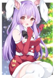  :d animal_ears black_bow black_bowtie blurry blurry_background blush border bow bowtie breasts christmas_tree dress dress_bow elbow_gloves eyes_visible_through_hair female fur-trimmed_dress fur-trimmed_gloves fur_trim gloves hair_between_eyes hands_up happy highres large_breasts light_particles long_hair looking_at_viewer open_mouth outdoors outside_border purple_hair rabbit_ears rabbit_girl red_eyes red_gloves reisen_udongein_inaba santa_costume santa_dress santa_gloves shirotsuki_shirone short_dress sitting smile solo straight_hair thighhighs touhou tsurime very_long_hair white_border white_thighhighs yellow_bow zettai_ryouiki 