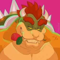  2024 anthro bedroom_eyes big_muscles bowser bowser_day eyebrows flower flower_in_mouth hair headshot_portrait hi_res horn icon koopa leaf looking_at_viewer male mario_bros muscular muscular_anthro muscular_male narrowed_eyes nintendo nude pecs pink_background plant portrait rose_(flower) rose_in_mouth scales scalie seductive sharp_teeth shell signature simple_background smile snobbydactyl solo spiked_shell spikes spikes_(anatomy) teeth 