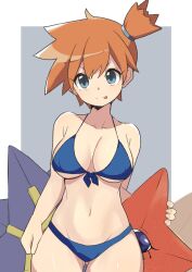  ass_visible_through_thighs bikini blue_bikini blue_eyes breasts female front-tie_bikini_top front-tie_top grey_background highres kasumi_(pokemon) looking_at_viewer medium_breasts mituyota_76 orange_hair pokemon short_hair side_ponytail solo starmie staryu swimsuit thigh_gap tongue tongue_out two-tone_background 