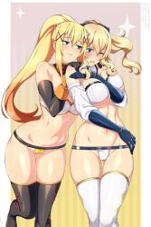  2girls adapted_costume arched_back arm_between_breasts ass_visible_through_thighs between_breasts bikini black_gloves black_thighhighs blonde_hair blue_eyes blush braid breasts commentary crossover darkness_(konosuba) detached_collar detached_sleeves english_commentary floating_hair furrowed_brow genshin_impact gloves gradient_background groin hair_between_eyes hair_ornament hand_on_own_hip hand_up hands_on_another&#039;s_shoulders hands_up high_ponytail highres jean_(genshin_impact) kono_subarashii_sekai_ni_shukufuku_wo! large_breasts leaning_forward lindaroze long_hair looking_at_another looking_down looking_to_the_side multiple_girls naughty_face navel one_eye_closed open_mouth paid_reward_available parted_lips purple_eyes raised_eyebrows sidelocks standing standing_on_one_leg swimsuit thigh_gap thighhighs thighs twitter_username underboob very_long_hair web_address white_bikini white_thighhighs x_hair_ornament 