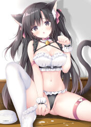  absurdres animal_ears ass bell black_eyes black_hair blush breasts cat_ears cat_tail extra_ears female highres korie_riko long_hair looking_at_viewer medium_breasts navel neck_bell open_mouth original paw_pose sitting solo suggestive_fluid tail thigh_strap two_side_up wrist_cuffs 