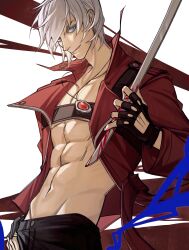  1boy abs absurdres black_gloves black_pants blood blood_on_weapon blue_eyes chest_strap colored_eyelashes dante_(devil_may_cry) devil_may_cry_(series) devil_may_cry_3 fingerless_gloves gloves hair_between_eyes hand_on_own_hip highres holding_blade jacket jewelry male_focus muscular muscular_male navel open_clothes open_jacket pants parted_lips pectorals pendant qmyyz red_jacket short_hair smirk solo weapon white_background white_hair 