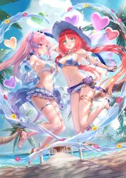  2girls alternate_costume bare_shoulders bikini blue_bikini blue_hair breasts cleavage cloud cloudy_sky colored_tips full_body genshin_impact gold_thighlet hat highres jacket jumping kachayori long_hair long_sleeves looking_at_another looking_at_viewer low_twintails multicolored_hair multiple_girls navel nilou_(genshin_impact) open_clothes open_jacket open_mouth outdoors pink_hair red_hair sandals sangonomiya_kokomi see-through see-through_jacket skirt sky smile stomach swimsuit thigh_strap twintails 