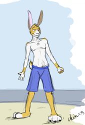  anthro arm_tuft blue_bottomwear blue_clothing blue_shorts bottomwear bucklebunny chin_tuft closed_smile clothed clothing facial_tuft fur head_tuft hi_res lagomorph leporid long_ears male mammal mouth_closed narrowed_eyes rabbit shorts shoulder_tuft smile solo standing teeth topless tuft white_body white_fur yellow_body yellow_fur 