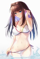  aozaki_aoko bikini bikini_tug blue_eyes blush brown_hair female hair_intakes highres long_hair mahou_tsukai_no_yoru navel side-tie_bikini_bottom swimsuit toomishou water wet white_bikini 