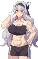  bare_arms bare_shoulders black_hairband black_shorts collarbone cowboy_shot crop_top female firefly_(honkai:_star_rail) grey_hair hairband highres hinghoi holding holding_towel honkai:_star_rail honkai_(series) long_hair midriff navel purple_eyes short_shorts shorts solo sports_bra standing stomach sweat towel very_long_hair 