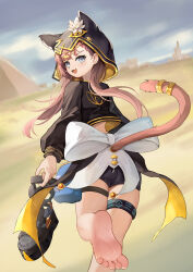  absurdres animal_hood arknights barefoot cat_hood cat_tail feet female foot_out_of_frame highres holding_shoe hood long_hair looking_at_viewer looking_back oerba_yun_fang open_mouth pepe_(arknights) rh_huinai skin_fang soles solo tail tail_ornament toes unworn_shoe 