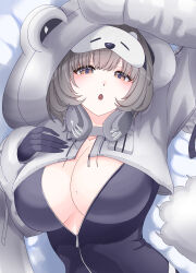  absurdres animal_costume animal_hood bear_costume black_bodysuit bodysuit breasts female gloves goddess_of_victory:_nikke grey_hair headphones highres hood hood_up large_breasts long_sleeves looking_at_viewer mask mask_on_head mole mole_on_breast neve_(nikke) no_bra open_mouth sleep_mask solo yuura_(yuura_ephyra) 