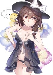  ... ametama_(runarunaruta5656) babydoll black_babydoll black_hat black_panties bow breasts brown_eyes brown_hair closed_mouth collarbone commentary_request cowboy_shot fedora female flower hairbow hand_on_own_chest happy hat hat_bow highres looking_at_viewer midriff navel panties pink_flower simple_background single_sidelock small_breasts smile solo spaghetti_strap speech_bubble split_mouth spoken_ellipsis stomach touhou underwear usami_renko white_background white_bow white_flower 