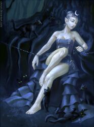  2016 5_fingers 5_toes accessory alternate_species ambiguous_gender barefoot bent_legs black_body black_fur black_tail blue_clothing blue_dress chained chained_up chains chair chirun clothed_female clothed_humanoid clothing colored crescent_moon crown digital_media_(artwork) digital_painting_(artwork) domestic_cat dress eyebrows feet felid feline felis female feral fingers forest fur furniture green_eyes grey_eyebrows grey_hair grey_lips grey_sclera group hair hair_accessory hair_bun headgear hi_res human humanized humanoid humanoid_pointy_ears larger_female larger_humanoid legs_up light lighting lips living_moon looking_at_another looking_at_viewer looking_away lying mammal moon no_pupils on_back plant purple_eyes quadruped raised_leg rubbing_leg sad shaded sitting size_difference smaller_ambiguous smaller_feral tail text throne tiara toes tree url white_body white_skin 