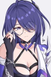  acheron_(honkai:_star_rail) adjusting_eyewear ahoge armor bandaged_arm bandages black_choker black_gloves black_shirt breasts chain_around_arm chains choker cleavage closed_mouth collarbone commentary criss-cross_halter elbow_gloves female fingerless_gloves frown glasses gloves hair_intakes hair_ornament hair_over_one_eye halterneck hand_on_eyewear highres honkai:_star_rail honkai_(series) jacket large_breasts long_hair looking_ahead luckplz multicolored_hair purple_eyes purple_hair shirt shoulder_armor single_bare_shoulder solo streaked_hair white_jacket 