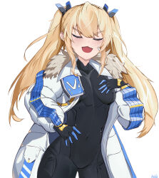  artist_name bandaid bandaid_on_cheek bandaid_on_face black_bodysuit blonde_hair blue_eyes blush bodysuit breasts coat covered_navel covered_nipples cowboy_shot female fur_trim goddess_of_victory:_nikke hand_on_own_hip hand_up highres laplace_(nikke) long_hair long_sleeves looking_at_viewer oerba_yun_fang open_mouth sanll_lu sidelocks simple_background smile solo twintails white_background white_coat 