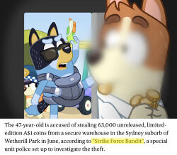  anthro baby_carrier bandit_heeler bingo_heeler black_body black_fur blue_body blue_fur bluey_(series) blurred_character brown_body brown_fur bucky_dunstan canid canine canis censored_face clothing coin coin_in_mouth cozy_coupe daughter_(lore) dm29 domestic_dog dress_shirt eyewear facial_markings father_(lore) father_and_child_(lore) father_and_daughter_(lore) female fur gloves_(marking) group head_markings hunting_dog kicking_door leg_markings male mammal markings mask_(marking) orange_body orange_fur parent_(lore) parent_and_child_(lore) parent_and_daughter_(lore) police police_hat shirt socks_(marking) sunglasses tan_body tan_fur terrier topwear toy_dog toy_fox_terrier trio water_pistol 