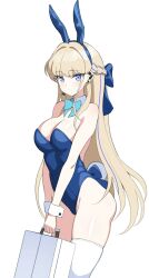  animal_ears bare_shoulders blonde_hair blue_archive blue_bow blue_bowtie blue_eyes blue_leotard blue_ribbon bow bowtie breasts cleavage closed_mouth dot_mouth earphones earrings fake_animal_ears fake_tail female hair_between_eyes hair_ribbon highleg highleg_leotard highres holding holding_suitcase jewelry kokono_(kokonokami) large_breasts leotard long_hair looking_at_viewer playboy_bunny rabbit_ears rabbit_tail ribbon simple_background solo suitcase tail thighhighs thighs toki_(blue_archive) toki_(bunny)_(blue_archive) white_background white_thighhighs 