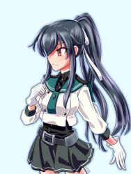  black_hair blue_background brown_eyes cowboy_shot female gloves green_neckerchief green_sailor_collar grey_skirt highres kantai_collection keraku long_hair neckerchief pleated_skirt ponytail sailor_collar sailor_shirt school_uniform serafuku shirt skirt solo white_gloves white_shirt yahagi_(kancolle) yahagi_kai_ni_(kancolle) 