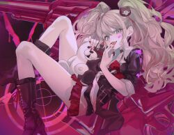  :d absurdres bear_hair_ornament black_footwear black_necktie black_shirt blonde_hair blood blush boots bow danganronpa:_trigger_happy_havoc danganronpa_(series) enoshima_junko female gun hair_ornament high_heel_boots high_heels highres knee_boots long_hair miniskirt nail_polish necktie pink_blood pleated_skirt red_background red_bow red_nails red_skirt shirt shirt_bow skirt smile suimin_(sui_0y0) teeth tongue twintails weapon white_necktie 