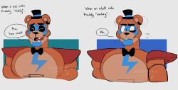  2024 animatronic anthro bear black_bow_tie blue_eyes bodily_fluids bow_tie clenched_teeth closed_eyes clothing dialogue ear_piercing english_text five_nights_at_freddy&#039;s five_nights_at_freddy&#039;s:_security_breach glamrock_freddy hat headgear headwear hi_res humor machine male mammal nervous_smile open_mouth orange_body piercing robot scottgames shoulder_pads signature simple_background solo speech_bubble steel_wool_studios sweat sweatdrop teeth text tongue top_hat venbetta white_background wince 