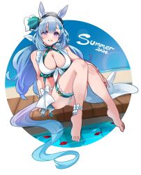  absurdres animal_ears barefoot bikini blue_hair breasts cleavage female highres horse_ears horse_girl horse_tail long_hair looking_at_viewer mejiro_ardan_(umamusume) purple_eyes sitting smile solo swimsuit tail thigh_strap umamusume white_bikini yokoji_(kodai2015) 