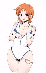  adapted_costume alternate_costume artist_name black_eyes blue_leotard breasts cleavage collarbone cropped_legs female leotard looking_at_viewer medium_breasts multicolored_leotard nami_(one_piece) one_piece orange_hair relaxjon short_hair shoulder_tattoo signature simple_background smile solo tattoo thighs tongue tongue_out white_background white_leotard 