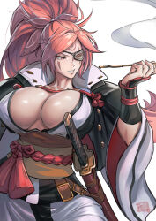  absurdres baiken breasts cleavage collarbone commentary_request facial_mark female goggles guilty_gear high_ponytail highres holding japanese_clothes juaag_acgy katana kiseru large_breasts long_hair obi one_eye_closed parted_lips pink_eyes pink_hair ponytail samurai sash sheath sheathed shiny_skin simple_background smoking_pipe sword weapon white_background wide_sleeves 